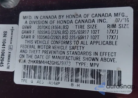 2016 Honda Cr-V Se z USA, uszkodzony, nr VIN 2HKRM4H42GH679373
